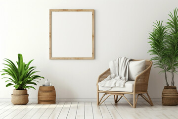 Step into the boho-chic realm of a modern living room with a wicker chair, floor vases, and a blank mockup poster frame against a pristine white backdrop.