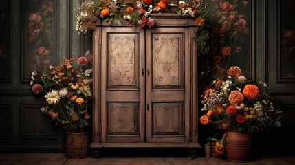 Fototapeta na wymiar illustration of an antique brown cupboard with carved ornaments of flowers and leaves