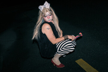 Queer man poses on the middle of the street at night