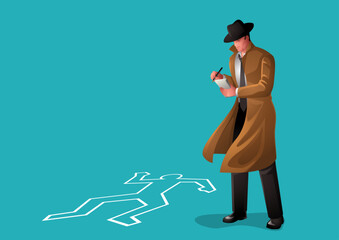 Vector illustration of a detective taking a note on crime scene
