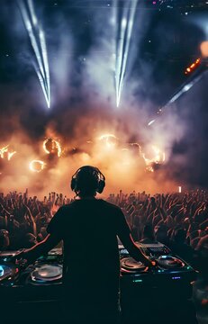 vertical slow motion of DJ Performing at a Live Concert with Enthusiastic Crowd and Fiery Stage Lights