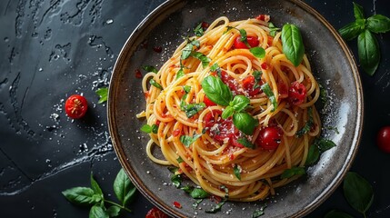 Spaghetti with tomato sauce and parsley in a black bowl - 753842500