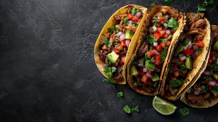 Pulled pork tacos with fresh salsa on wooden board - 753842527