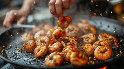 Sautéed shrimp with herbs and spices in a pan - 753842709
