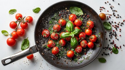 Fresh cherry tomatoes and basil in a pan with spices - 753842746