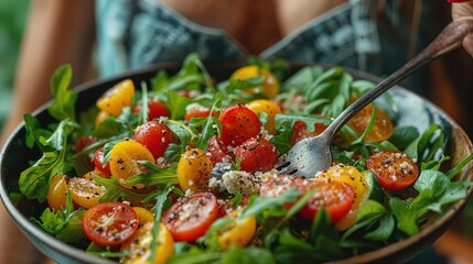 Fresh tomato and arugula salad with onions in a bowl - 753842758