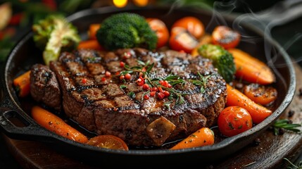 Sizzling steak with vegetables in a cast iron skillet - 753842919