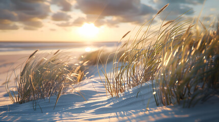 Sunlight filtering through swaying beach grasses on dunes - obrazy, fototapety, plakaty