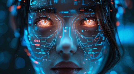 Woman with futuristic glowing face paint depicting circuits and technology. Cybernetic concept art with a focus on artificial intelligence and augmented reality.