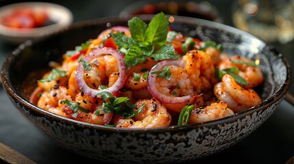 Sautéed shrimp with herbs and spices in a pan - 753842954