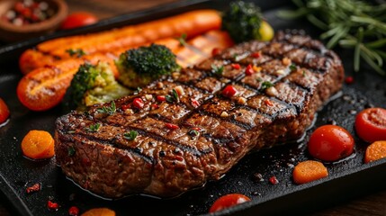 Sizzling steak with vegetables in a cast iron skillet - 753842986