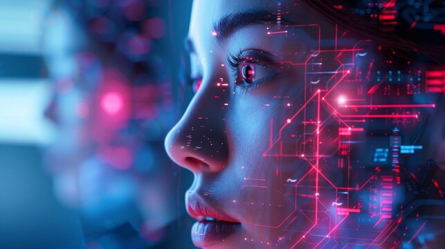 Woman with futuristic cyber enhancements over her face, engaging with digital interfaces. Concept for augmented reality, gaming, and advanced technology design