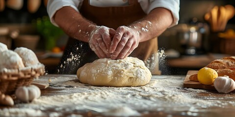 Amanpreciselykneadsdoughcreatinghomemadebreadatarustickitchentable. Concept Baking homemade bread, Kneading dough, Rustic kitchen table, Cooking process, Culinary photography - obrazy, fototapety, plakaty