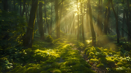 Sunlight streaming through a dense forest canopy onto a mossy path - obrazy, fototapety, plakaty