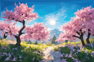 Low poly cartoon landscape with Sakura Japanese tree