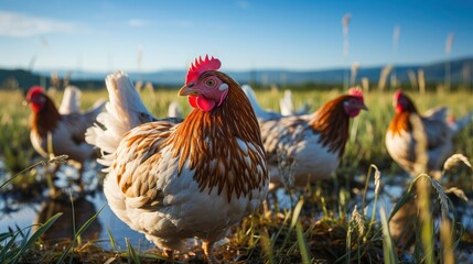 View of chicken on a farm in the morning - obrazy, fototapety, plakaty