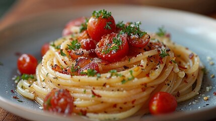 Spaghetti with tomato sauce and parsley in a black bowl - 753843187