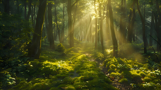 Fototapeta Sunlight streaming through a dense forest canopy onto a mossy path