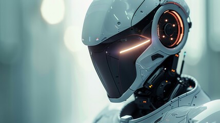 Advanced humanoid robot with illuminated visor and intricate headgear design in a futuristic setting - obrazy, fototapety, plakaty