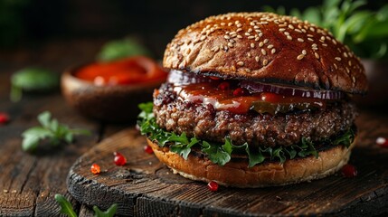 Gourmet burger with sesame bun and fresh toppings - 753843399