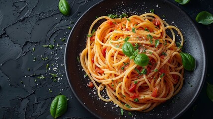 Spaghetti with tomato sauce and parsley in a black bowl