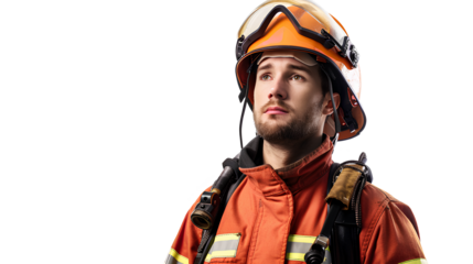 Firefighter Standing With Helmet isolated on a white background