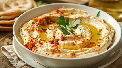 A bowl of hummus garnished with olive oil and paprika