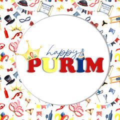 Purim carnival watercolor hand drawn elements isolated on white background. Happy Purim Judaism symbolism clip art.