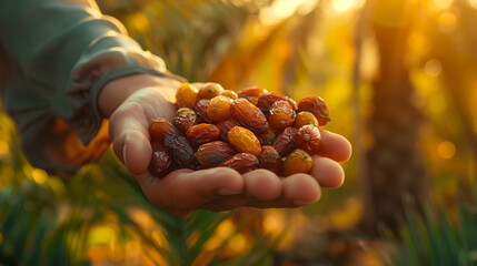 Holding a Heap of Date Fruit Toward Camera. The Food Mostly Eating in Ramadan. Daylight, Close Up Shot. - obrazy, fototapety, plakaty