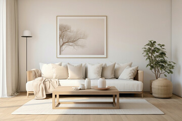 Visualize the harmony of a clean, white frame juxtaposed against beige and Scandinavian accents on a wall, offering a glimpse into a contemporary living room with plain walls and wooden floors. 