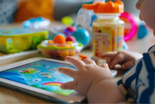Stunning high-resolution photo: chubby children's hands tapping on the screen of a digital tablet, next to a bottle with a pacifier, baby food. Close-up photo