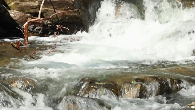 footage of the rushing water, rocks and waterfall at Anna Ruby Falls with lush green trees and plants in Helen Georgia USA