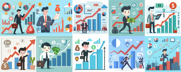 Vector set of businessmen and profit graphs in flat design style