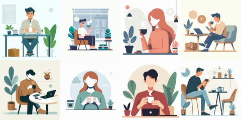 Vector set of someone drinking coffee in flat design style