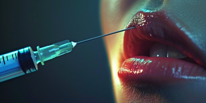woman making her lips bigger with a needle at aesthetic doctor