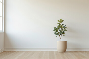 Fototapeta premium White frame with beige and Scandinavian hues, hinting at a modern living space with plain walls, wooden floor, and a potted plant.