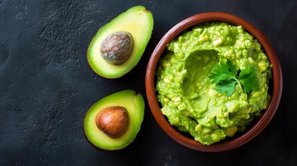 A bowl of guacamole being mashed with ripe avocados