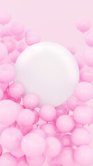 Mock up, white circular base. Composition of pink balloons around