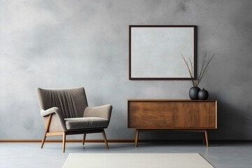 Wooden furniture stands out against textured concrete wall with vacant mock-up poster frame in...