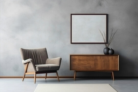 Wooden furniture stands out against textured concrete wall with vacant mock-up poster frame in contemporary living room.