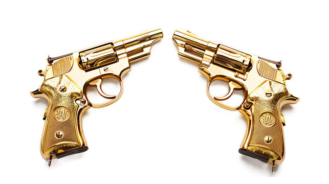 Golden pistol guns isolated on a white background