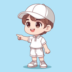 Kawaii chibi boy pointing something with white cap and white dress