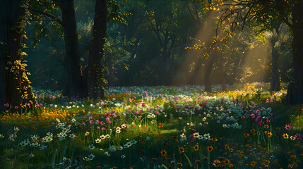 Obraz premium Towering trees casting dappled shadows on a carpet of wildflowers
