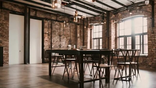 The blurred interior of a trendy urban loft with exposed brick walls.