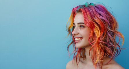 Young beautiful smiling happy woman with rainbow colored wavy hair isolated on flat blue background with copy space, banner template of Creative hair coloring.