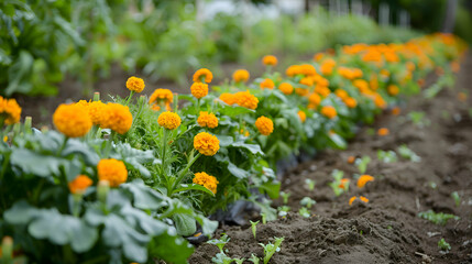 Vibrant marigolds bordering the edges of a flourishing vegetable garden