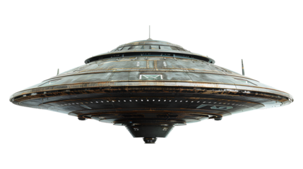 Grey UFO flying isolated on a transparent background