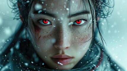 Bloodthirsty red-eyed warrior woman in the snow .