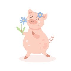 Cute Cartoon Vector Funny Pig Gives A Flower. A Child's Picture Of A Joyful Spring Adorable Piglet. Colorful Illustration Of A Rustic Animal Isolated on A White Background.