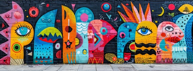 Vibrant street art mural with abstract faces and patterns in a plethora of colors on an urban wall.